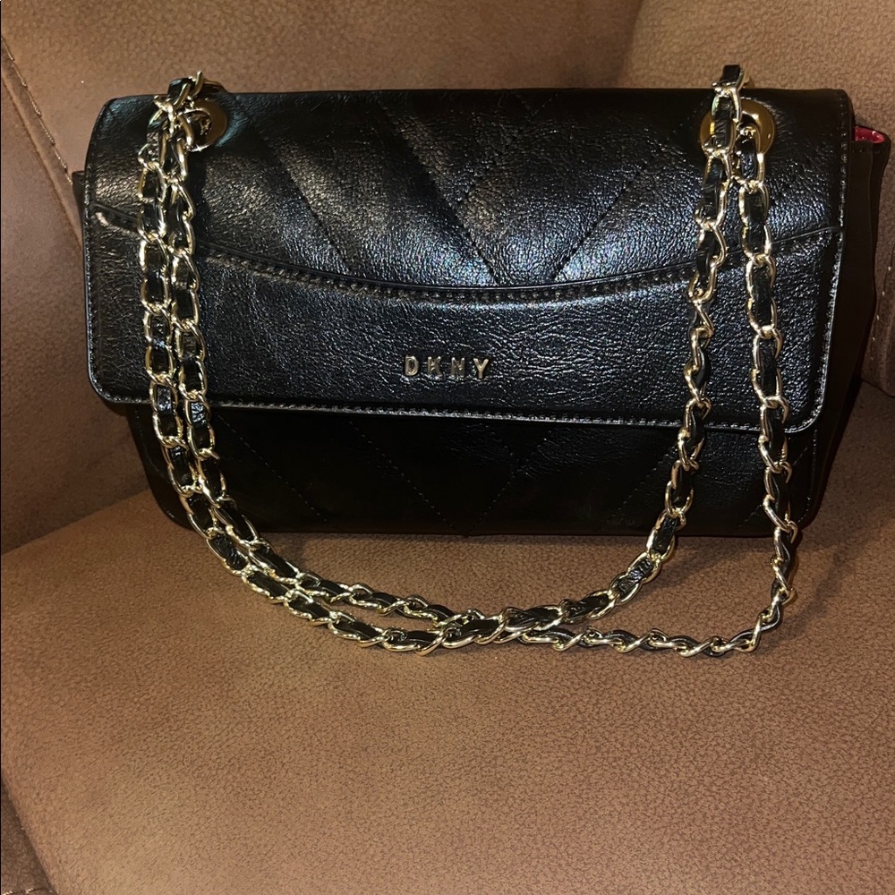 DKNY Black Quilted Leather Shoulder Bag with Gold Chain Strap